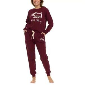 Keith Haring Women's Long Sleeve & Joggers Soft Fleece Lounge Set Red Size S